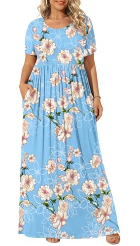 BISHUIGE Womens 2026 Plus Size Maxi Dresses Summer Casual Short Sleeve Long Dress with Pockets XL-6XL XX-Large, Fl Light Blue