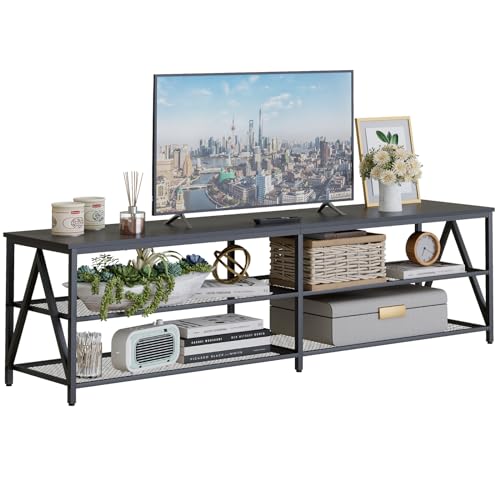 Image of 70 inch TV Stand for TVs up to 75 Inch with 3-Tier Storage Shelves | Black Modern 70 inch Long Industrial TV Console Table, Entertainment Center for Living Room, Bedroom