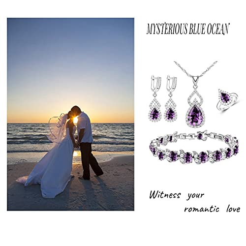 Lmxxvj Created Purple Amethyst Women Jewelry Set - Silver Tone Necklace Open Ring Earrings Tennis Bracelet Set,Wedding Birthday/Anniversary Mother’s Day Birthstone Jewelry Gifts #TOP2