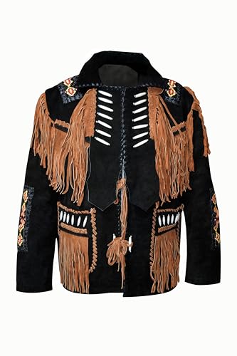 Mens Traditional Western Jacket | Black Native American Cowboy Style | Suede Leather With Fringes Beads Bones