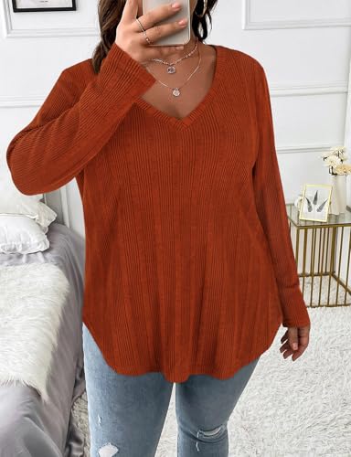 Image of Koscacy Women Plus Size Casual Knit Sweater V Neck Solid Color Tops Lightweight Long Sleeve Blouses