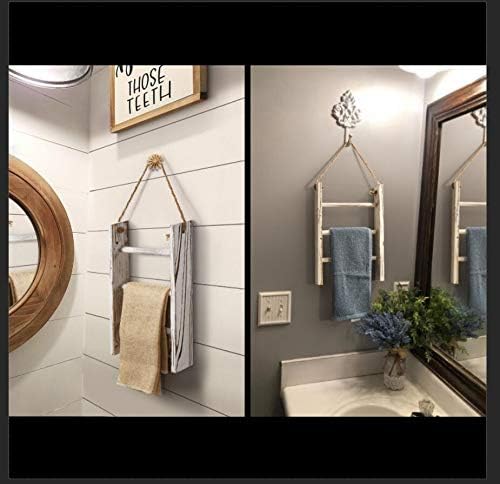 DOCMON Towel Rack-3-Tier Whitewashed Wood Bathroom Decor Wall-Hanging Towel Storage Ladder with Rope for Farmhouse Room Decor