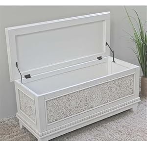 Pemberly Row Hardwood Carved Storage Trunk Bench in Antique White
