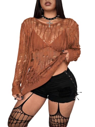 Image of RoseSeek Women's Plus Size Y2K Cut Out Long Sleeve Punk Grunge Knit Sweater