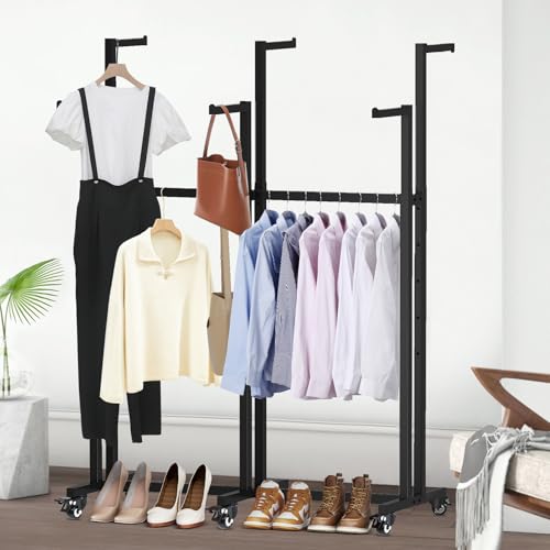 Clothing Display Racks for Retail, 6 Arms Floor Standing Metal Garment Rack with Wheels, Heavy Duty 48\'\' to 64\'\' Adjustable Height Retail Display Stand Shirt Rack for Hanging Clothes, Black