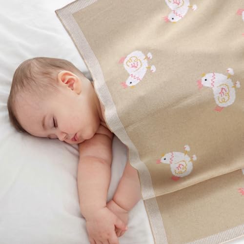 Image of mimixiong Baby Blanket Knit Receiving Boys Girls Blanket Soft Cotton Neutral Blanke for Swaddle Crib Stroller with Cute Sheep (Chicken-Beige, 30x40 Inch (Pack of 1))