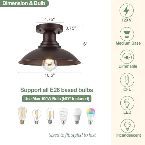 Image of GOLDHILL 10.5 inch Semi Flush Mount Barn Light 2-Pack, Rust-Proof Metal Ceiling Fixture Set, Vintage Farmhouse Lighting for Garage, Porch & Mudroom, Damp Rated