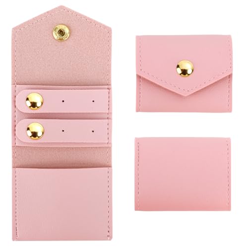 Pink Mini Travel Jewelry Bag Foldable Small Size Portable Leather Ring Case Earring Pouch Soft Organizer Tiny Traveling Jewelry Rolls Zippered Pocket Case Stocking Stuffers Gifts for Women Girls