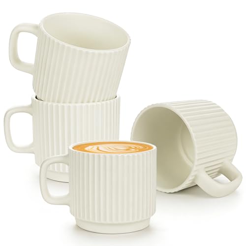 Image of Wieat Stackable Coffee Mugs Set of 4, 200ml Porcelain Coffee Cup with Handle, Espresso Ceramics Cups for Tea Latte Cocoa Cappuccino, Cream Color