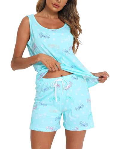 ENJOYNIGHT Damen Schlafanzug Kurz Sommer Pyjama Set Ärmellos Top und Shorts Nachtwäsche Frauen Baumwolle Hausanzug (Large,Blauer Schmetterling)