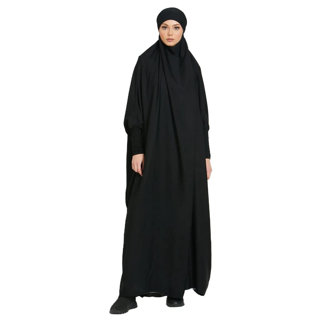 BRONG Damen Muslimisches Einteiliges Gebetskleid Abaya Jilbab Frauen Musselin Dubai Türkei Robe Gebet Jilbab Ganzkörper Maxi Kleid mit Hijab Schwarz
