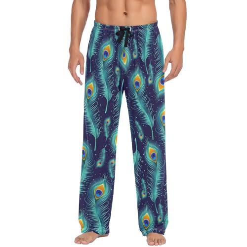 Peacock Feather Pajama Pants Gold Sparkling Glitter Men's Pajama Bottoms Lounge Sleepwear PJs Casual Sleep Pants S