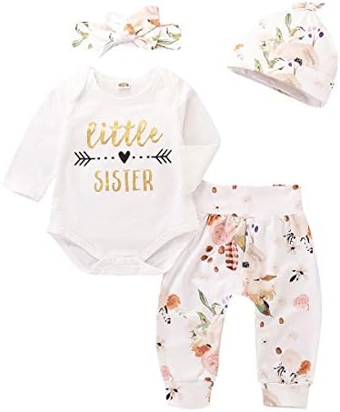4Pcs Infant Girl Outfits Baby Sister Bodysuit Tops Floral Leggings Pants Set Bowknot Headbands Newborn Clothes