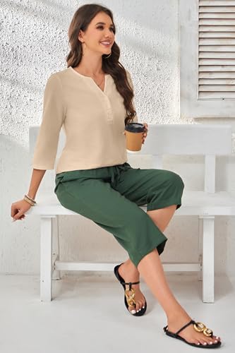 SHOLOW Women Cotton Linen Blouses Dressy Casual 3/4 Length Sleeve Womens Tops Button Down V Neck T Shirt Khaki — view 3