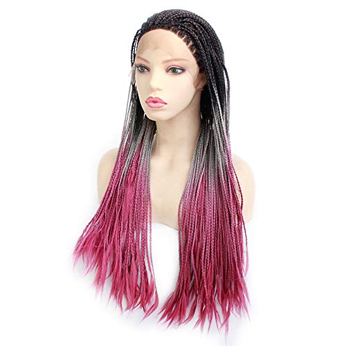 Wig Caps For Women Black/Grey/Red Tricolor Gradient Three Strands Of Braided Silk Fiber Front Lace Synthetic Wig Woman 22Inch