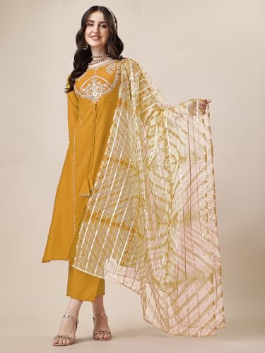 Image of EthnicJunction Women's Chinon Embroidered Straight Front Slit Kurta Palazzo & Organza Dupatta Set | Wedding | Heavy | Outfit | Suit