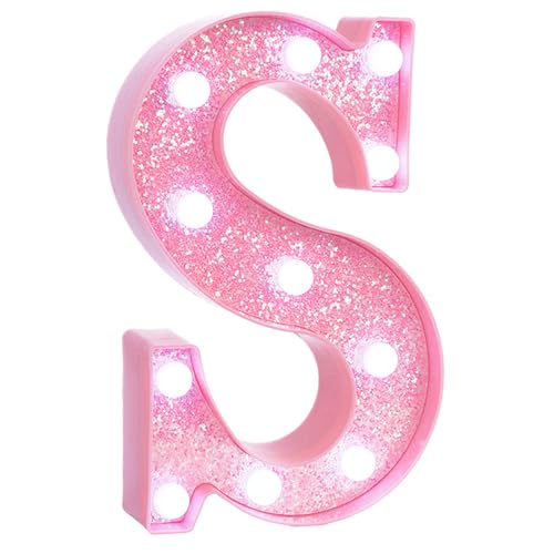 Image of Pink Marquee Light Up Letters, Glitter Alphabet LED Letter Lights for Pink Birthday Party Decorations, Battery Operated Letter Sign for Girls Room Vanity Table Decor, Cool White Lights Letter S