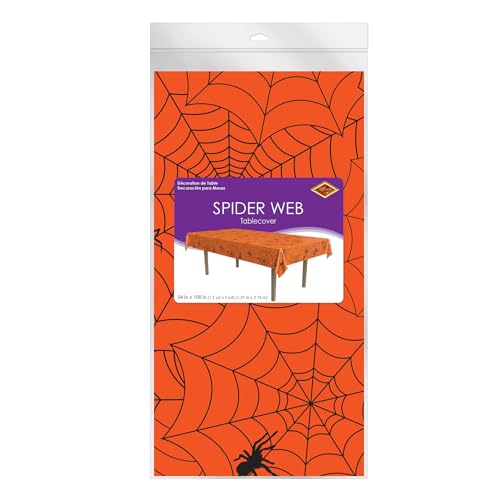 Image of Beistle Spider Web Tablecover, 54 inch x 108 inch- Creepy Cobweb Plastic Rectangular Halloween Tablecloth Decoration for Spooky Party, Haunted House, Or Costume Bash