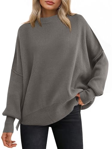 Image of ANRABESS Women Oversized Sweaters Batwing Long Sleeve 2026 Fall Outfits Crewneck Casual Knit Side Slit Fashion Pullover Top