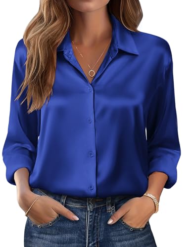 Zeagoo Dressy Tops for Women Long Sleeve Satin Silk Blouses Casual V Neck Collared Button Up Shirts Royal Blue