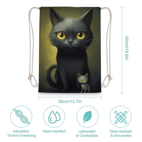 Black Cartoon Cat with Yellow Eyes Drawstring Backpack Canvas String Bag Lightweight Sports Gym Bag for Men Women2