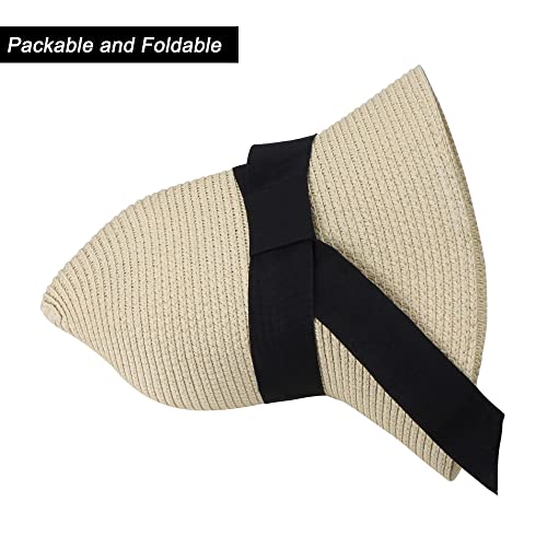 Girls Wide-Brim Straw Sun-Hat Kids Floppy Foldable Brim Beach Summer Hat With Bow (5-9 Years, Beige) #TOP4