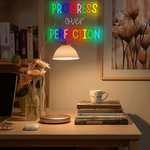 Image of Progress Over Perfection Neon Sign for Classroom, Motivational LED Speech Therapy Decor Neon Letters Light for Office, Home Gym, Gift for Students,Teachers