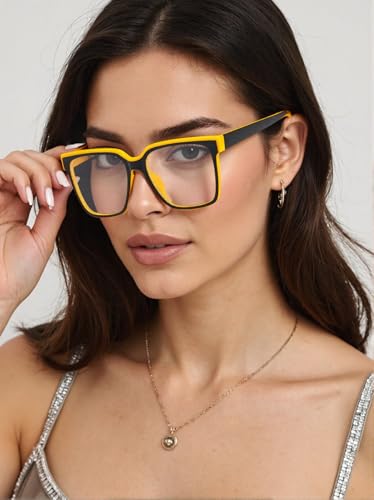 Image of Oversized Blue Light Blocker Glasses for Women Men Fashion Square Eyewear Computer Eyeglasses Non-Prescription (Black Yellow D3), MM