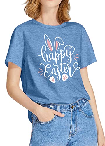 Image of Women Happy Easter T Shirt Bunny Rabbit Graphic T-Shirt Funny Letter Printed Shirts Short Sleeve Tops