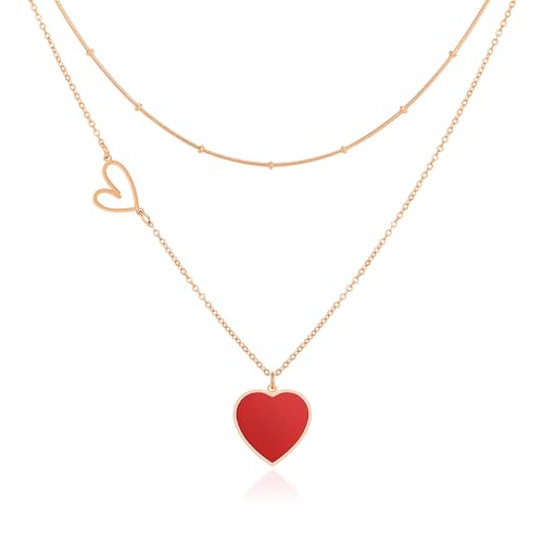 Linawe Collier avec pendentif en forme de cœur rouge en acier inoxydable pour femmes, collier avec pendentif en forme de cœur en or rose, parures de bijoux...