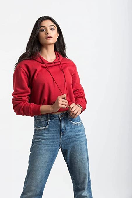 Image of Solid Crop Hoodie for Women Hooded Sweatshirt