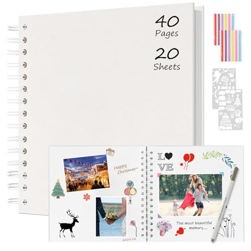 Boic Photo Albums Scrap Books 8x8 in, DIY Spiral Album 40 Pages Memory Books Family Scrapbook, Guest Book for Baby Valentine's Day Birthday Gifts (White)