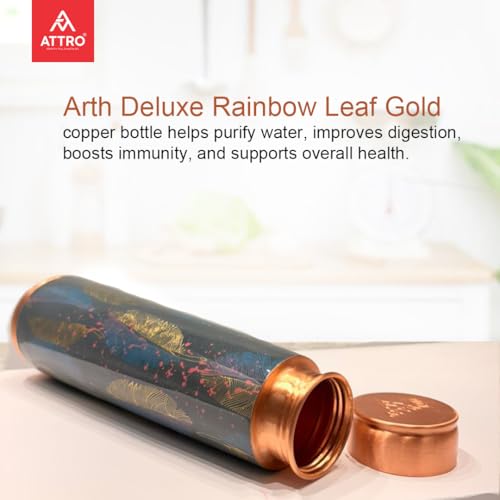 Image of ATTRO Arth Deluxe Copper Bottle Design Boosts Immunity Leakproof & Lightweight |Anti-Bacterial, BPA Free with Secure Cap for School, Travel, Gym & Work 900ml Rainbow Leaf Gold