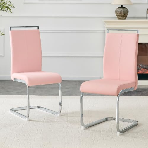 Image of Baysitone Modern Dining Chairs Set of 2, Side Dining Room Chairs, High Back Kitchen Chairs with Faux Leather Padded Seat for Dining Room,Kitchen, Living Room Pink