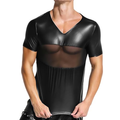 Image of SamHeng Metallic Mesh Top for Men PU Leather V Neck Short Sleeve T Shirt M