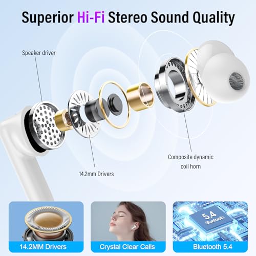 Image of Wireless Earbuds, Bluetooth 5.4 Headphones with Multifunctional Touch Screen, 48H Bass Stereo Ear Buds with ANC /ENC Noise Cancelling /Transparency Mode, IPX7 Earphones with 5 EQ Modes, Milky White