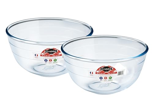 Ôcuisine® Bowl Glass Round Mixing & Prep Bowls | Extreme Resistance | Oven Safe - Freezer Safe - Microwave Safe | Borosilicate Glass | Made in France (Mixing Bowl 2LT (Pack of 2))