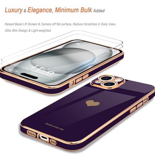 Teageo Teageo Kompatibel mit iPhone 15 Hülle + 2 Stück Schutzfolie, Mädchen Herz Styling Hülle Galvanisierte Weich TPU Handyhülle Kameraschutz Kratzfest Phone Case für iPhone 15, Dunkles Lila - Produktansicht 3 | Tages Deals