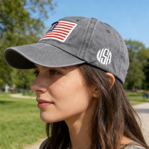 Image of IZUS Women USA-Flag Baseball-Cap American Patriotic Baseball Hats Men's Distressed-Cotton Dad-Hat for Adult Teens