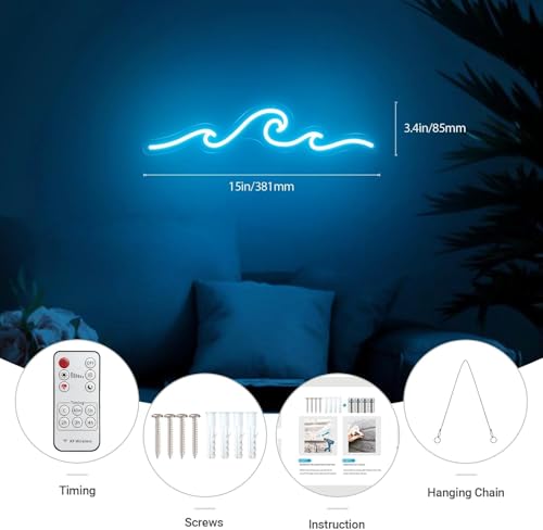 Image of Wave Neon Sign, Wave Light up Wave Night Lamp for Bedroom, USB Power Led Neon Wave Light for Wall Decor, Sea Beach Party Surf Ocean Home Bedroom Living Room Birthday Gift - 15''