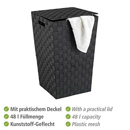 WENKO Wäschetruhe Mod. Adria dekorativ quadratisch schwarz mit Deckel aus Kunststoff-Geflecht und stabilem Metallgestell 48 Liter Maße 33 x 53 x 33 cm