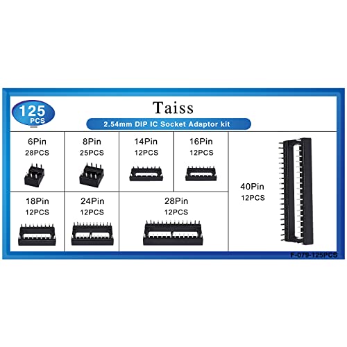 Taiss 125Pcs Dip Ic Sockets Adaptor Assortment Kit 6/8/14/16/18/24/28/40 Pin 2.54Mm Pitch Dip Ic Sockets Adaptor Solder Type,Ic Socket Kit,Dip Sockets,F-079-125Pcs #TOP5