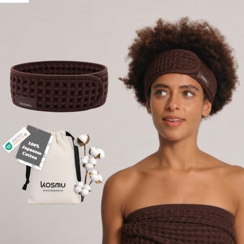 KOSMU Luxury Organic Japanese Cotton Waffle Spa Headband for Women | Adjustable Towel Headband with Magic Tape | Makeup, Face Washing, Facial, Cosmetic & Skincare, Gift for Her Self-Care (Dark Cocoa)