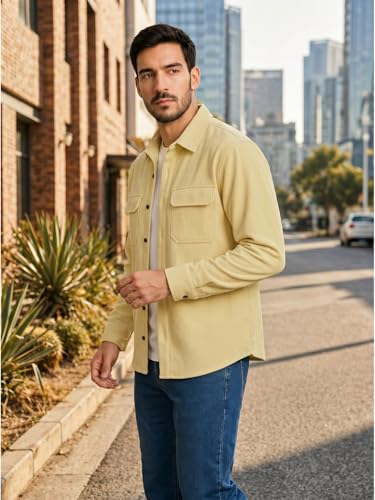 Image of DEELMO Men's Cotton Polyester Corduroy Shirt with Textured Pattern Spread Collar Full Sleeves Dual Pocket Front and Button Down Closure | Textured Shirts for Men | Shirts for Men Stylish