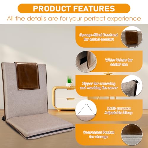 Image of FASTMOMENT Floor Chair with Back Support Foldable Meditation Seat, Brown | 14 Adjustable Positions, 330lbs Weight Capacity, Washable Linen Cover, Sturdy KOYO Bearings, Portable Ground Chair for Adults