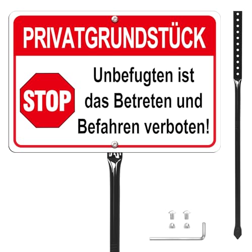 Privatgrundstück Schild mit Pfosten Metall Reflektierend 20x30 cm Schild Privatgrundstück Betreten Verboten Alu Warnschild und Befahren Verboten Wasserdicht UV geschützt (weiß)