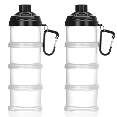 Baderke 2 Pcs Protein Powder Travel Container with Funnels Stand, 4 Layers Stackable Travel Powder Container Formula Supplement Organizer Storage Holder for Workout Fitness(Black)