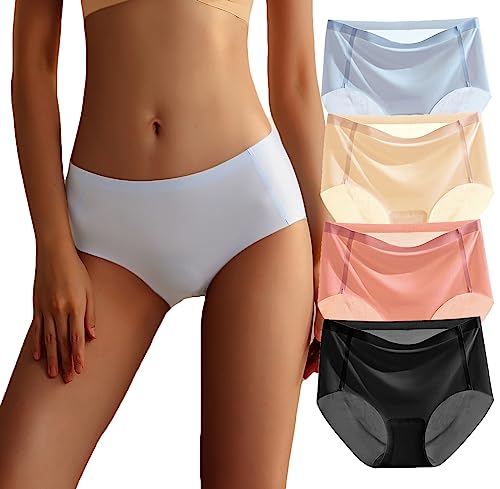 SEPMINDU Seamless Knicker for Women Silky Invisible Underwear Ladies Briefs Stretchy Hipster Panties Pack of 4 Black+nude+pink+blue(4 Packs)