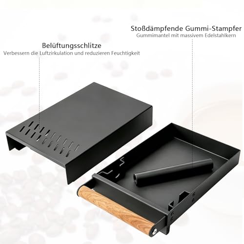 Foto von Sudschublade, Abklopfschublade für Siebträger mit Echtholzgriff, Knockbox aus Edelstahl mit Rutschfester Bodenmatte & Gummierter Geräuschdämpfender Abklopfstange, Ideal für Küche, Büro & Café