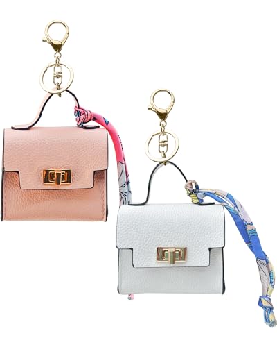2 pack Mini Purse Keychain PU Leather Tiny Bags for Purse Pocket Lipstick Bag Card Holder Data Cable Organizer Pouch Orange White (Pink+White)